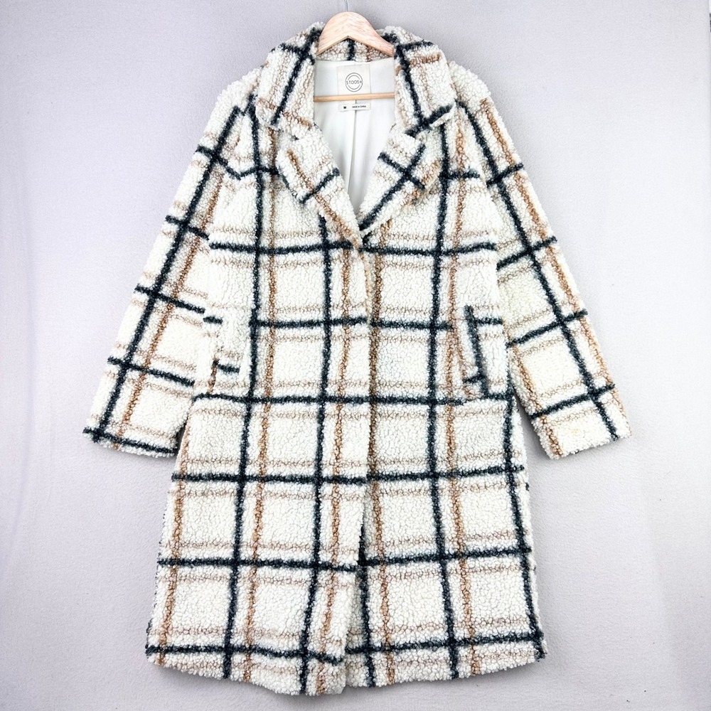 Stoosh Teddy Peacoat Womens M Plaid Long Warm Luxury Old Money